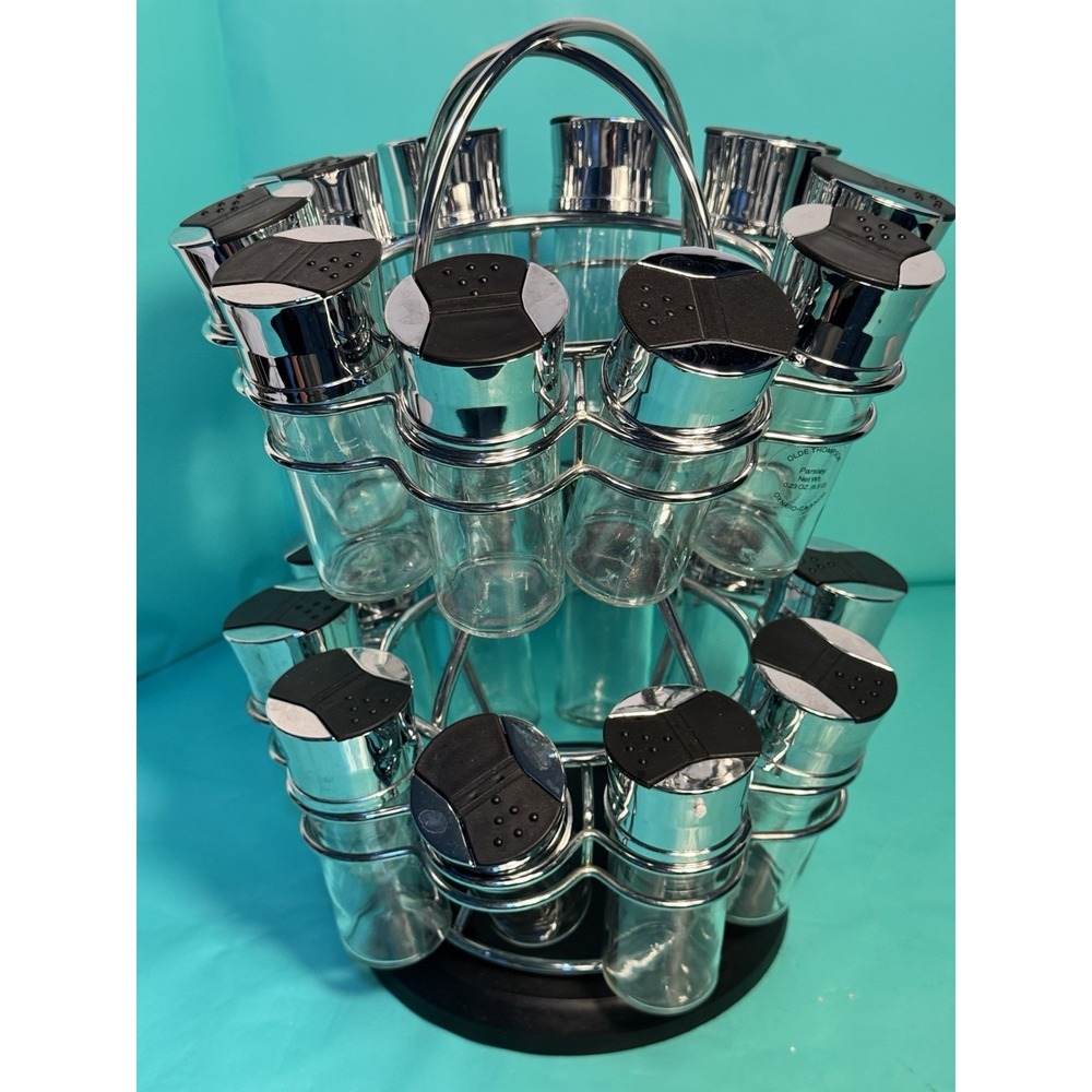 20 Jar Revolving Spice Rack Set Silver Black Glass Carousel Organizer with Lids - Picture 4 of 14
